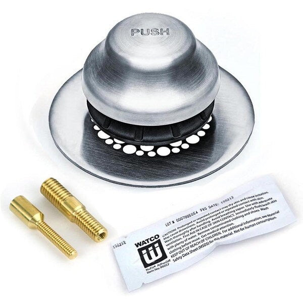 Brushed chrome foot-actuated tub stopper with integrated grid strainer, push button top, includes brass fittings and installa