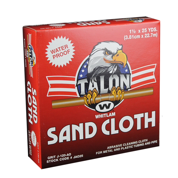 Brown waterproof sand cloth roll, 1.5 inches by 25 yards, with Whitlam Talon branding on red packaging.