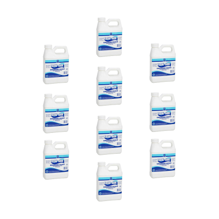 Ten white plastic 1-gallon bottles of JC Whitlam Flow-Aide Descaler with blue labels arranged in rows.