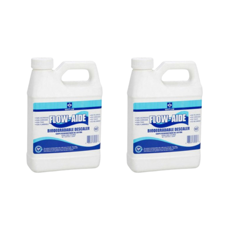 Two white plastic gallons of Flow-Aide descaler with blue and white labels.