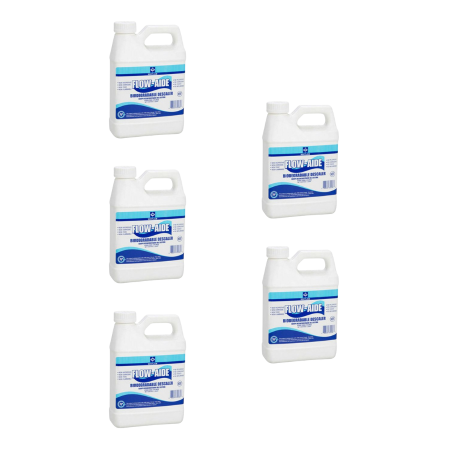 Five white plastic gallon jugs of JC Whitlam Flow-Aide Descaler with blue labels arranged in a group.