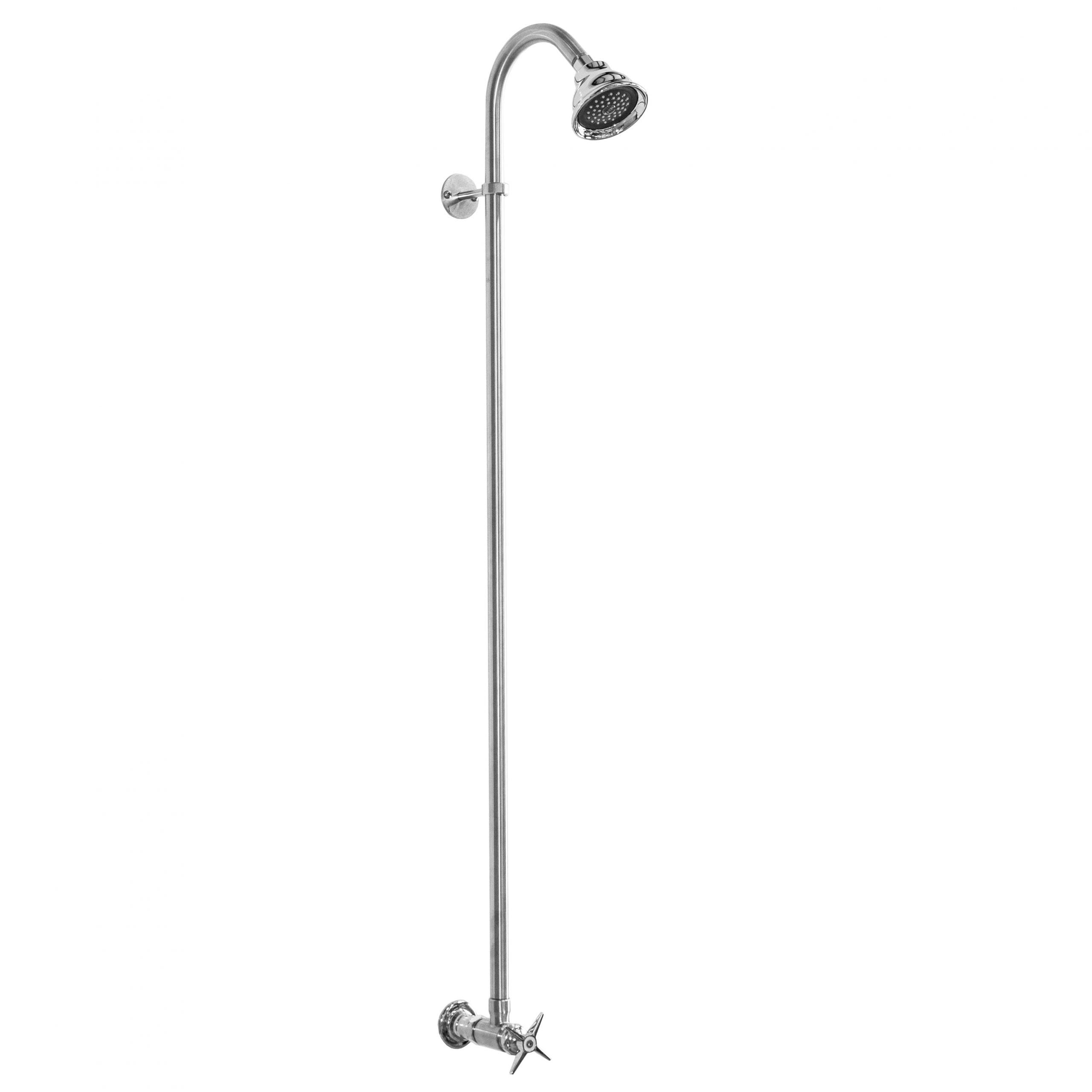 Stainless steel wall-mount shower with curved arm and 6-inch round showerhead, single control valve at base.