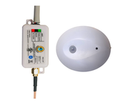 Wireless motion sensor control unit with antenna and round white sensor dome with central lens.