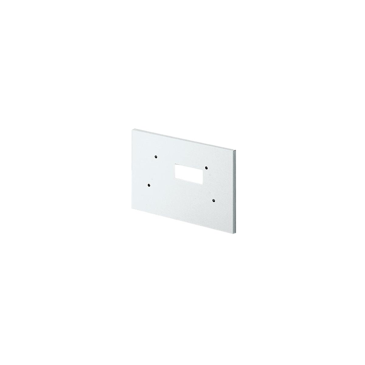 White rectangular wall plate with rectangular cutout and four mounting holes.