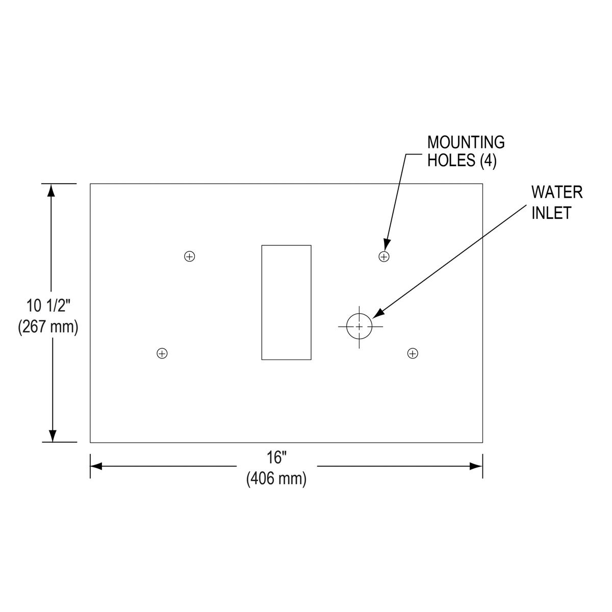 White rectangular wall plate with four mounting holes and water inlet connection, measuring 16" x 10.5".