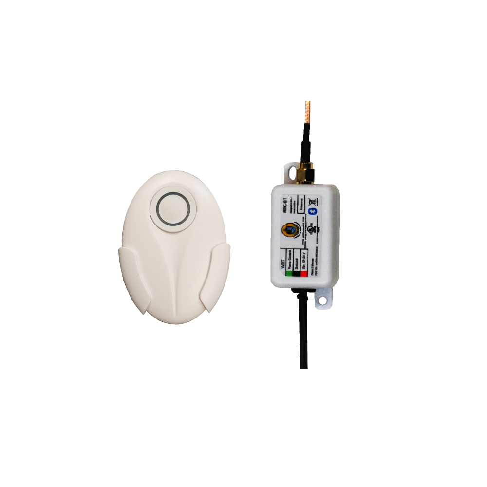 White wireless transmitter button with center dial and gray receiver module with antenna and control indicators.