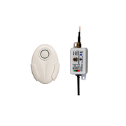 White wireless transmitter button with center dial and gray receiver module with antenna and control indicators.