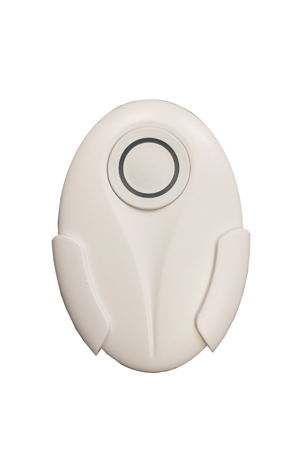 White wireless transmitter with oval shape and circular button on top, featuring two curved side grips.