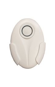 White wireless transmitter with oval shape and circular button on top, featuring two curved side grips.