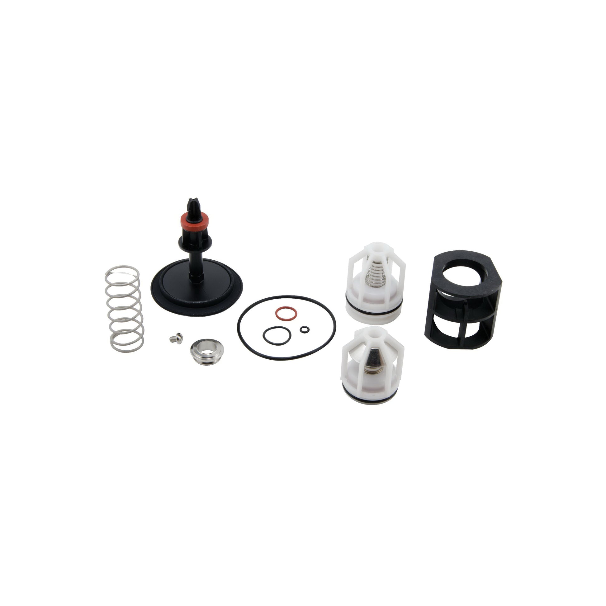 Watts 1" reduced pressure zone repair kit components including spring, valve body, seals, and cartridges.