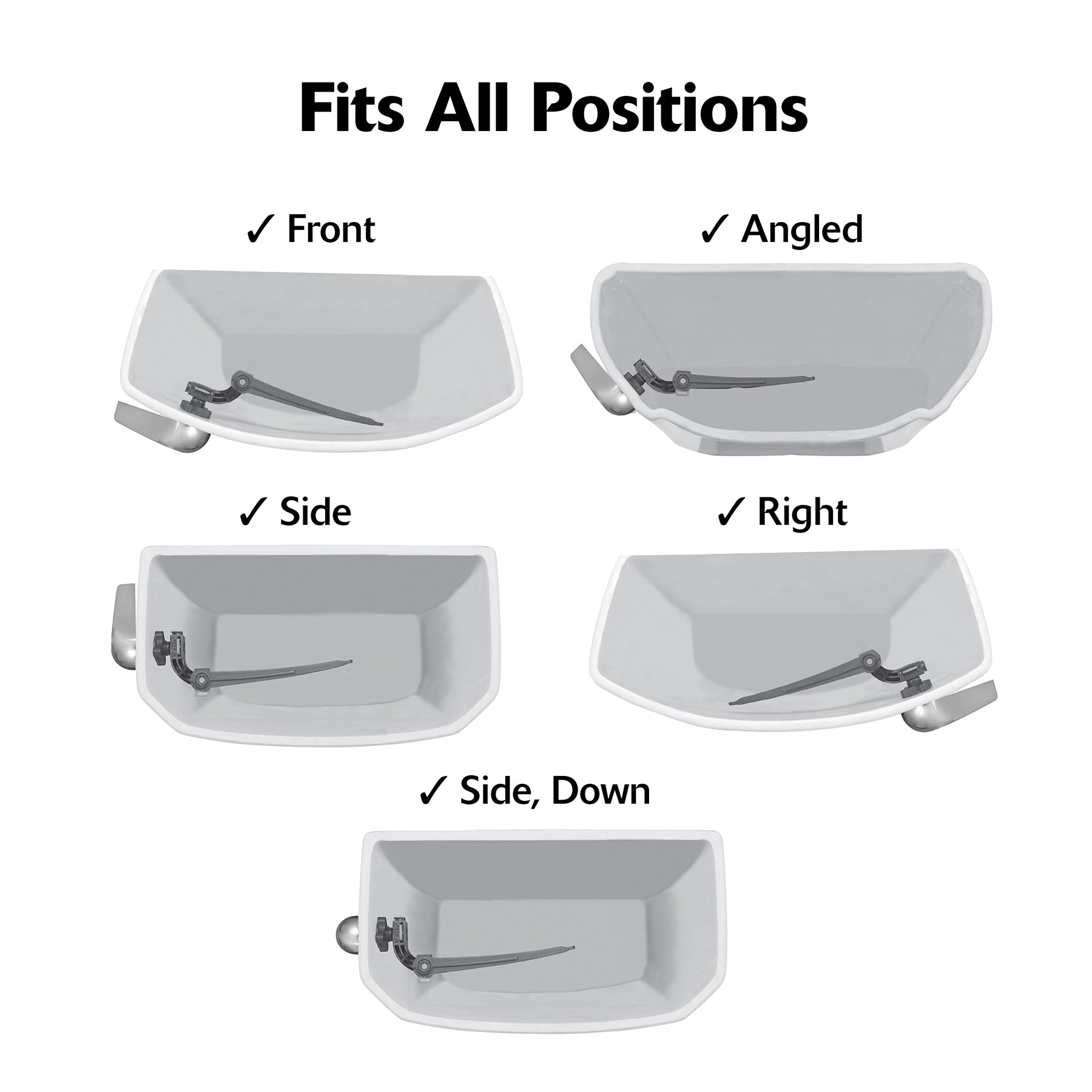 White toilet handle lever shown installed in five different positions: front, angled, side, right, and side-down on toilet ta