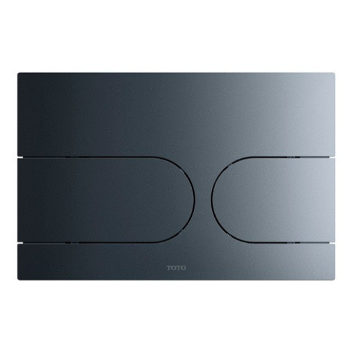 Matte black rectangular push button plate with two rounded button areas and TOTO branding.