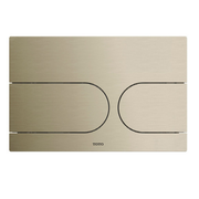 Brushed nickel round push button plate with two oval-shaped button areas and TOTO branding.
