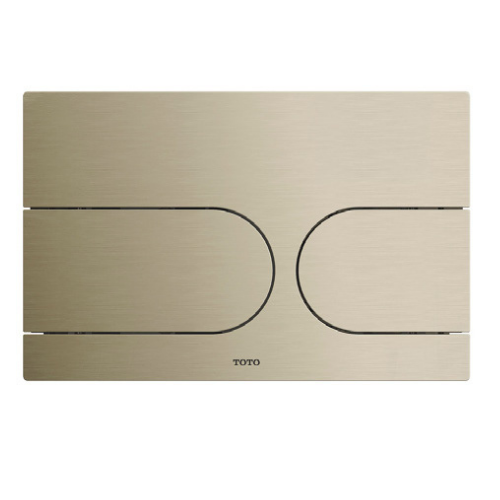 Brushed nickel round push button plate with two oval-shaped button areas and TOTO branding.