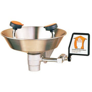 Wall-mounted stainless steel eye wash station with dual orange-capped spray heads, large bowl, and Guardian Equipment signage
