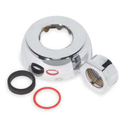 Chrome spud coupling assembly with white escutcheon, chrome nut, and black and red rubber seals.