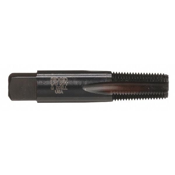 RIDGID 1/8 inch pipe tap with four flutes, black metal threading tool with square drive end and text markings.
