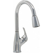 Chrome kitchen faucet with gooseneck spout and pull-out spray head with single hole mount.