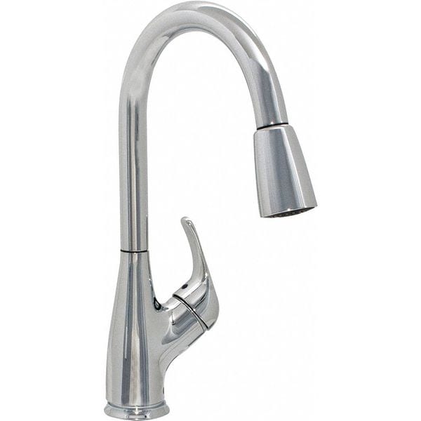 Chrome kitchen faucet with gooseneck spout and pull-out spray head with single hole mount.
