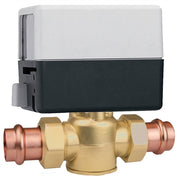 Caleffi Z44P brass 2-way zone valve with gray and black actuator head and copper press connections.