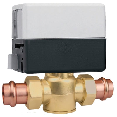 Caleffi Z44P brass 2-way zone valve with gray and black actuator head and copper press connections.