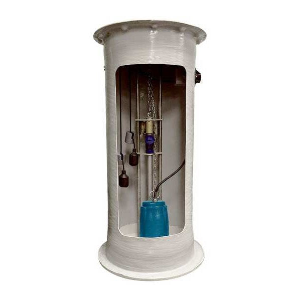 White cylindrical pump reservoir with internal mechanical components, float switches, and blue pump housing visible through t