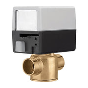 Brass zone valve with black and gray motorized actuator head mounted on top.