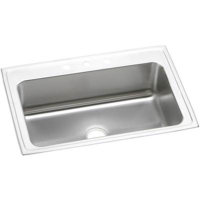 Stainless steel single bowl drop-in kitchen sink with white rim, 33" x 22", shown at angle.