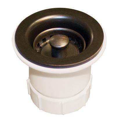 Oil rubbed bronze bar sink strainer with white plastic threaded base and central post.