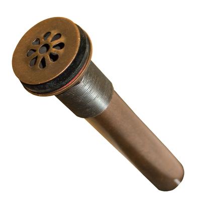 Weathered copper grid drain with metallic threaded barrel and perforated cap on tapered body.