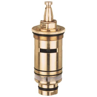 Brass cylindrical thermostatic cartridge with threaded connections and control stem on top.