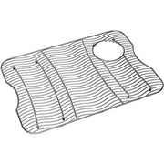 Stainless steel sink grid with parallel wire rods and circular drain opening.