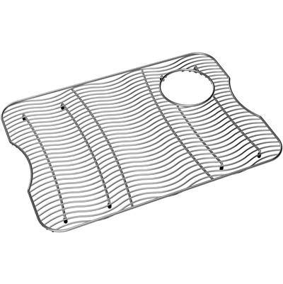 Stainless steel sink grid with parallel wire rods and circular drain opening.