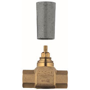 Grohe brass volume control rough-in valve with gray concrete escutcheon separated above.