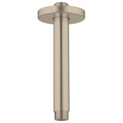 Brushed nickel ceiling-mounted shower arm with round flange and vertical pipe.