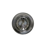 Stainless steel kitchen sink strainer with adjustable basket and perforated drain holes, viewed from above.