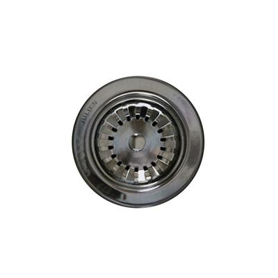 Stainless steel kitchen sink strainer with adjustable basket and perforated drain holes, viewed from above.