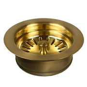 Brushed gold basket strainer with disposer trim, 3.5 inch diameter, featuring radial slot design.