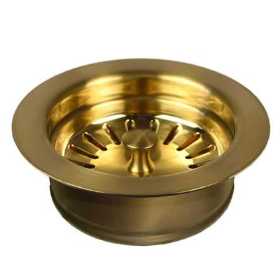 Brushed gold basket strainer with disposer trim, 3.5 inch diameter, featuring radial slot design.