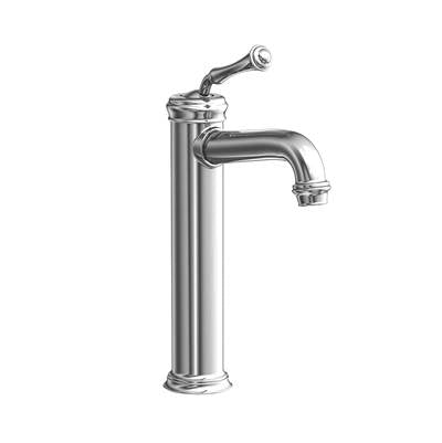 Chrome single-hole bathroom sink faucet with tall spout, curved basin mixer, and lever handle on tall pedestal base.