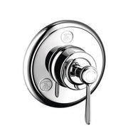 Chrome shower valve trim with round escutcheon plate, central lever handle, and decorative shell icons.