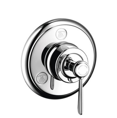 Chrome shower valve trim with round escutcheon plate, central lever handle, and decorative shell icons.