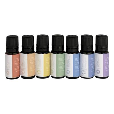 Seven small essential oil bottles with black caps in orange, peach, yellow, green, white, blue, and purple labeled varieties.
