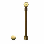 Brushed gold push-to-seal bath drain assembly with vertical pipe and separate spherical seal plug.