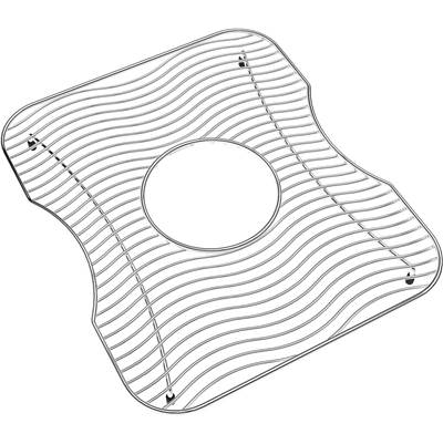 Stainless steel sink grid with wavy edges, center drain hole, and parallel slat pattern for basin protection.