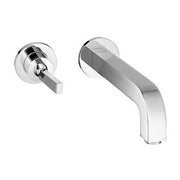 Chrome wall-mount faucet with single lever handle and curved spout.