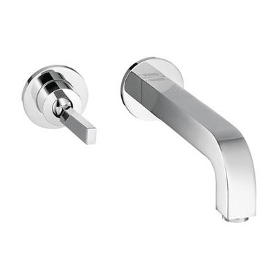 Chrome wall-mount faucet with single lever handle and curved spout.