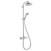 Brushed nickel shower system with overhead rainfall showerhead, handheld wand, and wall-mounted control valve.