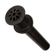Oil rubbed bronze grid drain with flower-shaped perforated top and threaded cylindrical body.