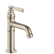 Brushed nickel single-hole bathroom faucet with curved spout and lever handle.